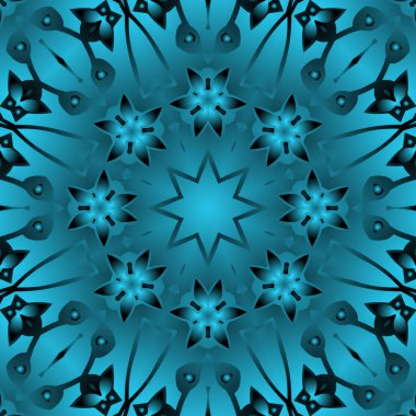 Dijital illüstrasyon, geometrik soyut renkli kaleydoskop simetrik desen ve gradyan etkisi. Klasik güzel dekoratif mavi arkaplan