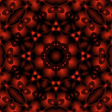 Dijital illüstrasyon, geometrik soyut renkli kaleydoskop simetrik desen ve gradyan etkisi. Klasik güzel dekoratif kırmızı arkaplan