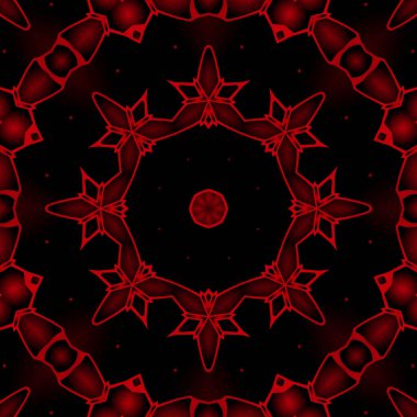 Dijital illüstrasyon, geometrik soyut renkli kaleydoskop simetrik desen ve gradyan etkisi. Klasik güzel dekoratif kırmızı arkaplan