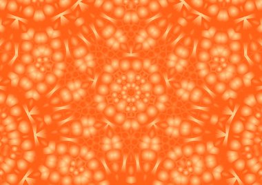 Dijital illüstrasyon, geometrik soyut renkli kaleydoskop simetrik desen ve gradyan etkisi. Klasik güzel dekoratif turuncu arka plan