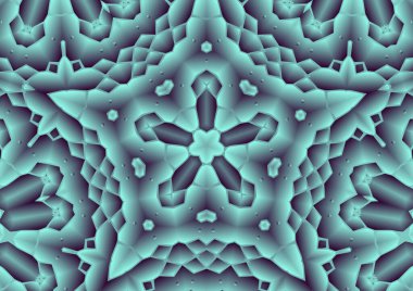 Dijital illüstrasyon, geometrik soyut renkli kaleydoskop simetrik desen ve gradyan etkisi. Klasik güzel dekoratif yeşil arkaplan