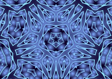 Dijital illüstrasyon, geometrik soyut renkli kaleydoskop simetrik desen ve gradyan etkisi. Klasik güzel dekoratif mavi arkaplan