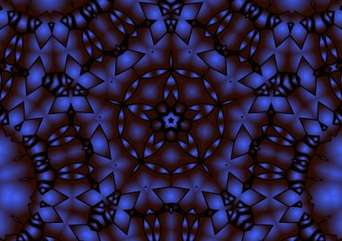 Dijital illüstrasyon, geometrik soyut renkli kaleydoskop simetrik desen ve gradyan etkisi. Klasik güzel dekoratif mavi arkaplan