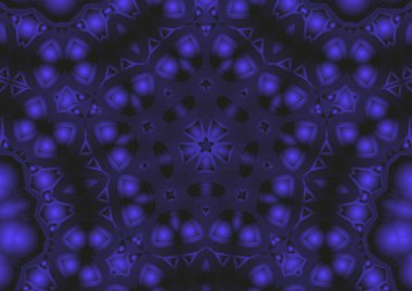 Dijital illüstrasyon, geometrik soyut renkli kaleydoskop simetrik desen ve gradyan etkisi. Klasik güzel dekoratif mavi arkaplan