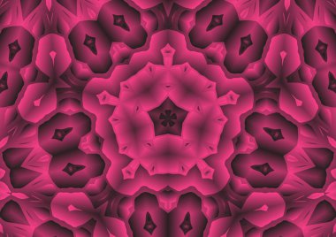 Dijital illüstrasyon, geometrik soyut renkli kaleydoskop simetrik desen ve gradyan etkisi. Klasik güzel dekoratif pembe arkaplan