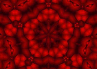 Dijital illüstrasyon, geometrik soyut renkli kaleydoskop simetrik desen ve gradyan etkisi. Klasik güzel dekoratif kırmızı arkaplan
