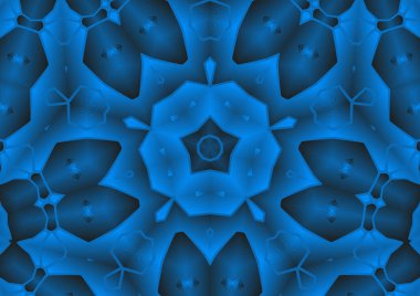 Dijital illüstrasyon, geometrik soyut renkli kaleydoskop simetrik desen ve gradyan etkisi. Klasik güzel dekoratif mavi arkaplan