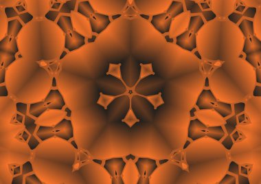 Dijital illüstrasyon, geometrik soyut renkli kaleydoskop simetrik desen ve gradyan etkisi. Klasik güzel dekoratif turuncu arka plan