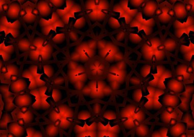 Dijital illüstrasyon, geometrik soyut renkli kaleydoskop simetrik desen ve gradyan etkisi. Klasik güzel dekoratif kırmızı arkaplan