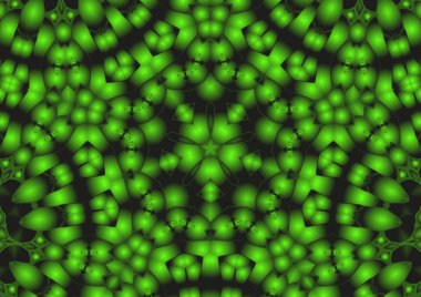 Dijital illüstrasyon, geometrik soyut renkli kaleydoskop simetrik desen ve gradyan etkisi. Klasik güzel dekoratif yeşil arkaplan