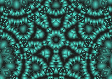 Dijital illüstrasyon, geometrik soyut renkli kaleydoskop simetrik desen ve gradyan etkisi. Klasik güzel dekoratif arkaplan