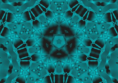 Dijital illüstrasyon, geometrik soyut renkli kaleydoskop simetrik desen ve gradyan etkisi. Klasik güzel dekoratif mavi arkaplan