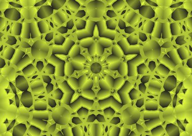 Dijital illüstrasyon, geometrik soyut renkli kaleydoskop simetrik desen ve gradyan etkisi. Klasik güzel dekoratif sarı arkaplan