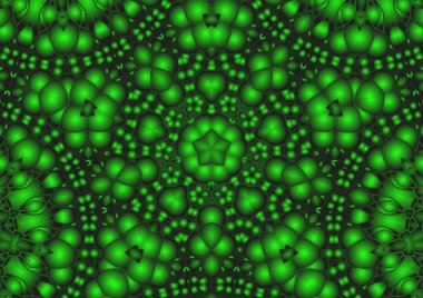 Dijital illüstrasyon, geometrik soyut renkli kaleydoskop simetrik desen ve gradyan etkisi. Klasik güzel dekoratif yeşil arkaplan