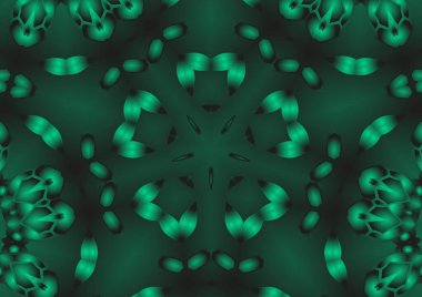 Dijital illüstrasyon, geometrik soyut renkli kaleydoskop simetrik desen ve gradyan etkisi. Klasik güzel dekoratif yeşil arkaplan