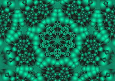 Dijital illüstrasyon, geometrik soyut renkli kaleydoskop simetrik desen ve gradyan etkisi. Klasik güzel dekoratif yeşil arkaplan
