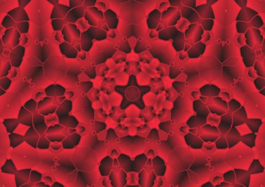 Dijital illüstrasyon, geometrik soyut renkli kaleydoskop simetrik desen ve gradyan etkisi. Klasik güzel dekoratif kırmızı arkaplan