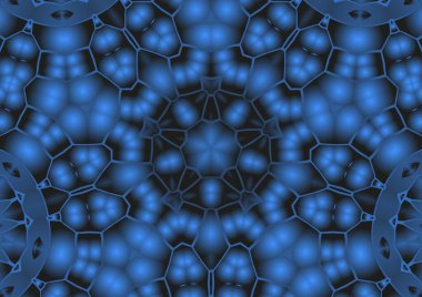 Dijital illüstrasyon, geometrik soyut renkli kaleydoskop simetrik desen ve gradyan etkisi. Klasik güzel dekoratif mavi arkaplan