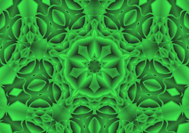 Dijital illüstrasyon, geometrik soyut renkli kaleydoskop simetrik desen ve gradyan etkisi. Klasik güzel dekoratif yeşil arkaplan