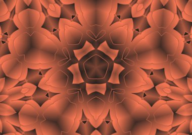 Dijital illüstrasyon, geometrik soyut renkli kaleydoskop simetrik desen ve gradyan etkisi. Klasik güzel dekoratif turuncu arka plan