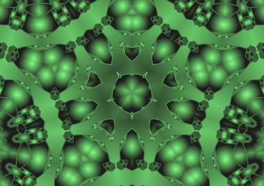 Dijital illüstrasyon, geometrik soyut renkli kaleydoskop simetrik desen ve gradyan etkisi. Klasik güzel dekoratif yeşil arkaplan