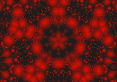 Dijital illüstrasyon, geometrik soyut renkli kaleydoskop simetrik desen ve gradyan etkisi. Klasik güzel dekoratif kırmızı arkaplan