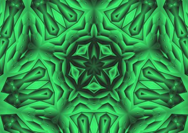 Dijital illüstrasyon, geometrik soyut renkli kaleydoskop simetrik desen ve gradyan etkisi. Klasik güzel dekoratif yeşil arkaplan