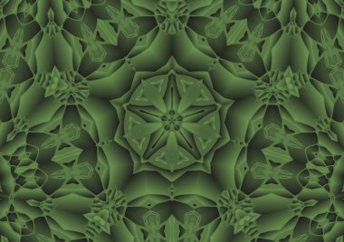 Dijital illüstrasyon, geometrik soyut renkli kaleydoskop simetrik desen ve gradyan etkisi. Klasik güzel dekoratif yeşil arkaplan