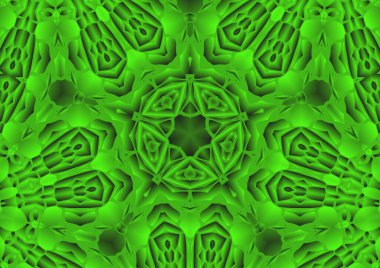 Dijital illüstrasyon, geometrik soyut renkli kaleydoskop simetrik desen ve gradyan etkisi. Klasik güzel dekoratif yeşil arkaplan