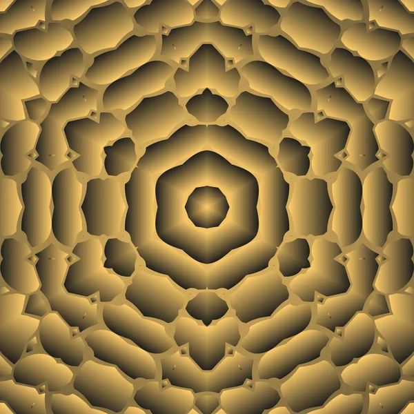 Dijital illüstrasyon, geometrik soyut renkli kaleydoskop simetrik desen ve gradyan etkisi. Klasik güzel dekoratif sarı arkaplan