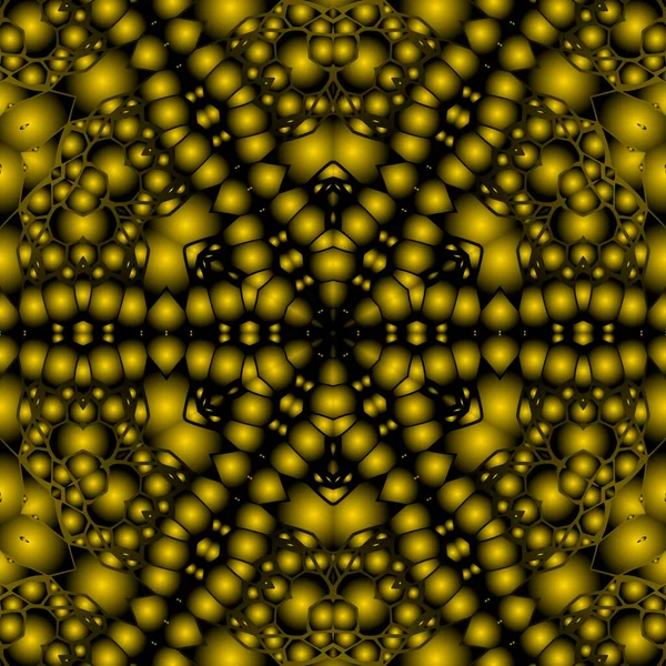 Dijital illüstrasyon, geometrik soyut renkli kaleydoskop simetrik desen ve gradyan etkisi. Klasik güzel dekoratif sarı arkaplan