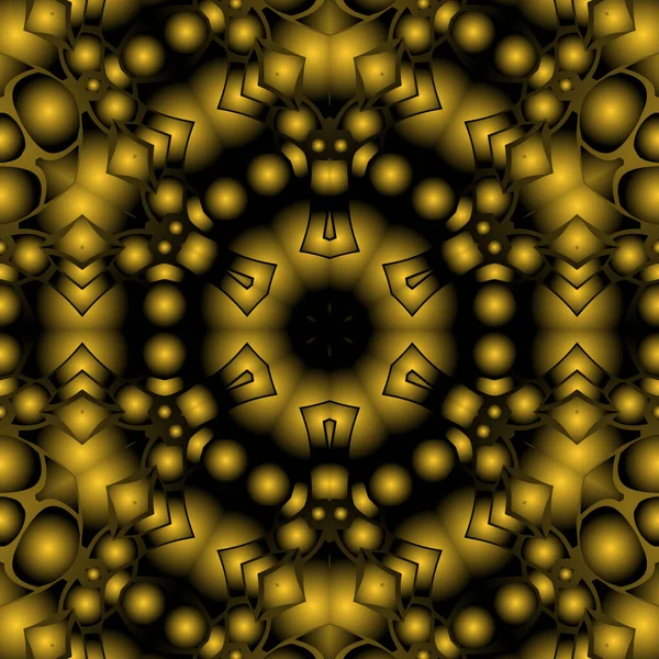 Dijital illüstrasyon, geometrik soyut renkli kaleydoskop simetrik desen ve gradyan etkisi. Klasik güzel dekoratif sarı arkaplan