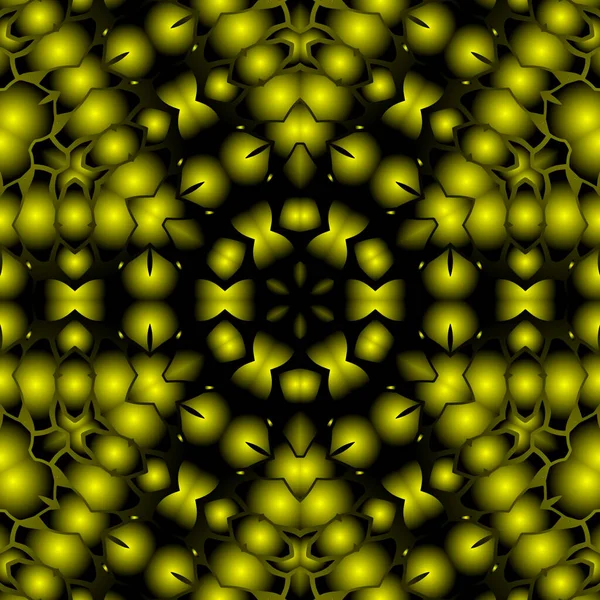 Dijital illüstrasyon, geometrik soyut renkli kaleydoskop simetrik desen ve gradyan etkisi. Klasik güzel dekoratif sarı arkaplan