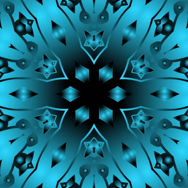 Dijital illüstrasyon, geometrik soyut renkli kaleydoskop simetrik desen ve gradyan etkisi. Klasik güzel dekoratif mavi arkaplan