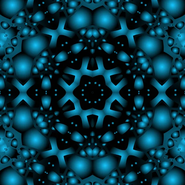 Dijital illüstrasyon, geometrik soyut renkli kaleydoskop simetrik desen ve gradyan etkisi. Klasik güzel dekoratif mavi arkaplan