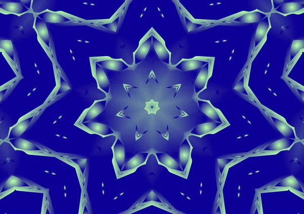 Dijital illüstrasyon, geometrik soyut renkli kaleydoskop simetrik desen ve gradyan etkisi. Klasik güzel dekoratif mavi arkaplan