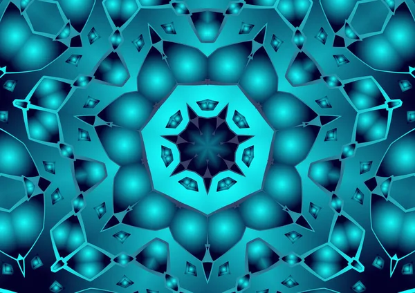 Dijital illüstrasyon, geometrik soyut renkli kaleydoskop simetrik desen ve gradyan etkisi. Klasik güzel dekoratif mavi arkaplan