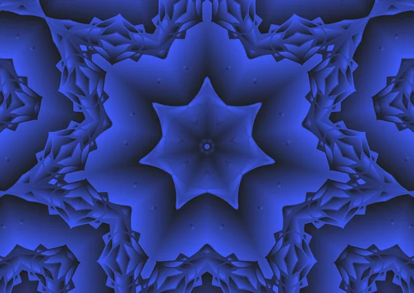 Dijital illüstrasyon, geometrik soyut renkli kaleydoskop simetrik desen ve gradyan etkisi. Klasik güzel dekoratif mavi arkaplan