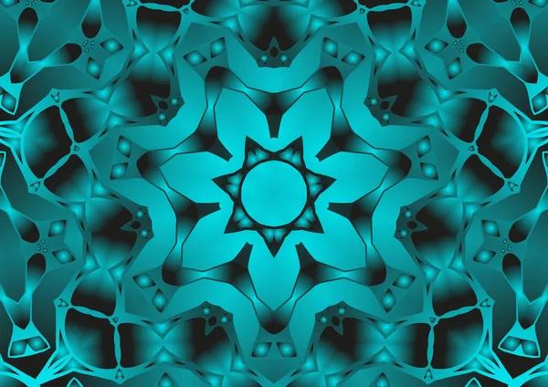 Dijital illüstrasyon, geometrik soyut renkli kaleydoskop simetrik desen ve gradyan etkisi. Klasik güzel dekoratif mavi arkaplan