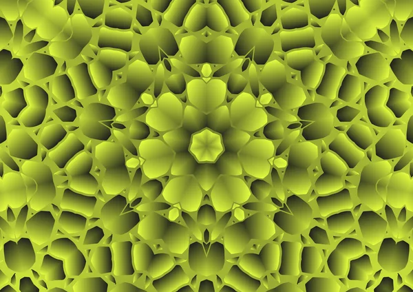 Dijital illüstrasyon, geometrik soyut renkli kaleydoskop simetrik desen ve gradyan etkisi. Klasik güzel dekoratif sarı arkaplan