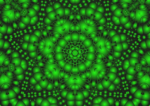 Dijital illüstrasyon, geometrik soyut renkli kaleydoskop simetrik desen ve gradyan etkisi. Klasik güzel dekoratif yeşil arkaplan