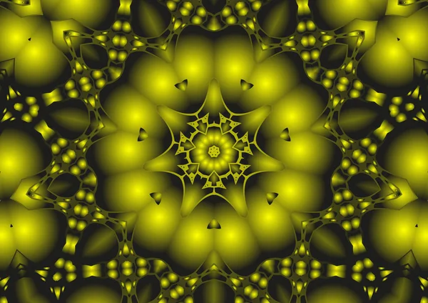 Dijital illüstrasyon, geometrik soyut renkli kaleydoskop simetrik desen ve gradyan etkisi. Klasik güzel dekoratif sarı arkaplan