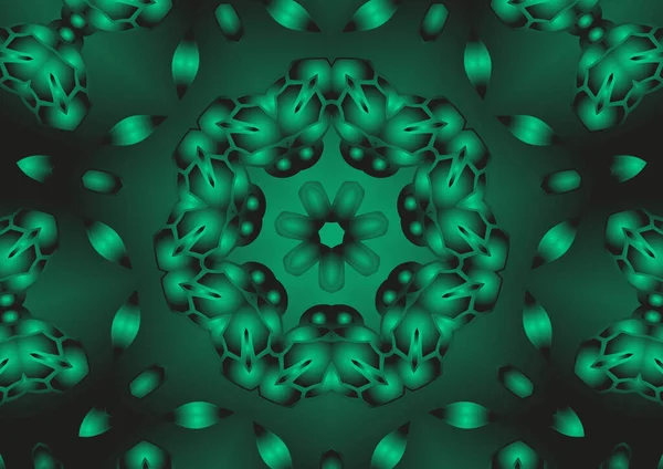 Dijital illüstrasyon, geometrik soyut renkli kaleydoskop simetrik desen ve gradyan etkisi. Klasik güzel dekoratif yeşil arkaplan
