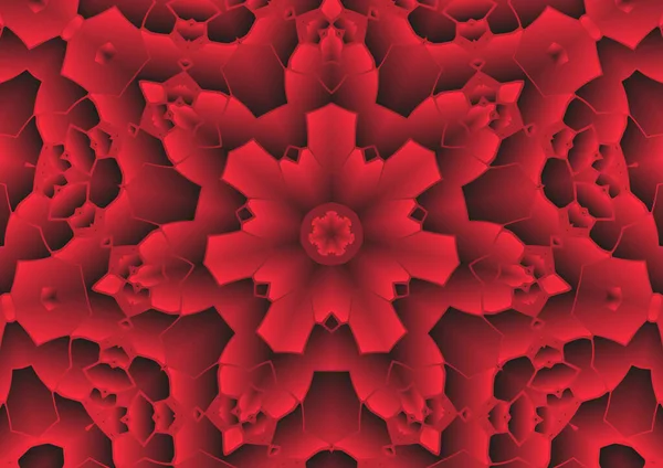 Dijital illüstrasyon, geometrik soyut renkli kaleydoskop simetrik desen ve gradyan etkisi. Klasik güzel dekoratif kırmızı arkaplan