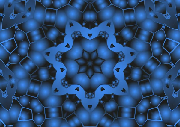 Dijital illüstrasyon, geometrik soyut renkli kaleydoskop simetrik desen ve gradyan etkisi. Klasik güzel dekoratif mavi arkaplan