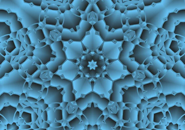 Dijital illüstrasyon, geometrik soyut renkli kaleydoskop simetrik desen ve gradyan etkisi. Klasik güzel dekoratif mavi arkaplan