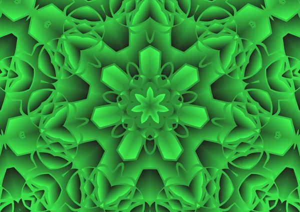 Dijital illüstrasyon, geometrik soyut renkli kaleydoskop simetrik desen ve gradyan etkisi. Klasik güzel dekoratif yeşil arkaplan