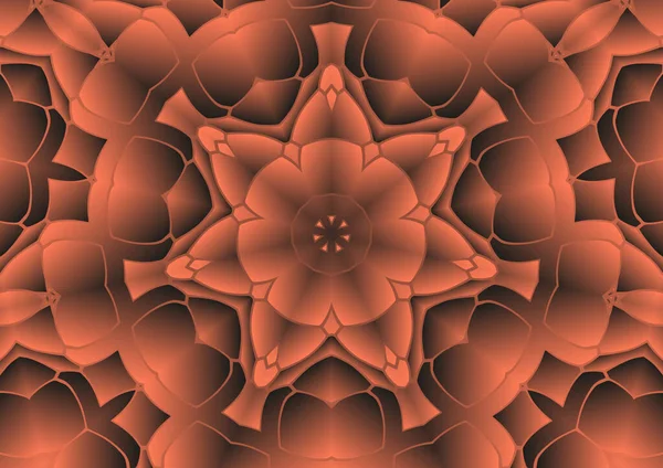 Dijital illüstrasyon, geometrik soyut renkli kaleydoskop simetrik desen ve gradyan etkisi. Klasik güzel dekoratif turuncu arka plan