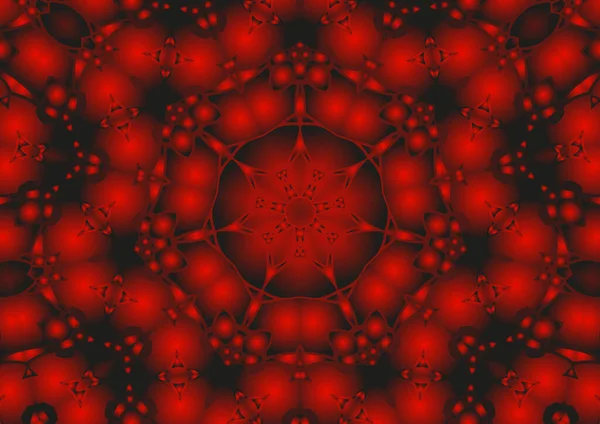 Dijital illüstrasyon, geometrik soyut renkli kaleydoskop simetrik desen ve gradyan etkisi. Klasik güzel dekoratif kırmızı arkaplan