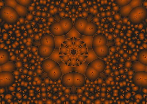 Dijital illüstrasyon, geometrik soyut renkli kaleydoskop simetrik desen ve gradyan etkisi. Klasik güzel dekoratif turuncu arka plan